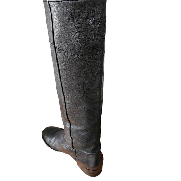 Chanel CC Knee High Tall Riding Boot Size 40 US 9 9.5 Black Pebble Leather - Picture 9 of 15